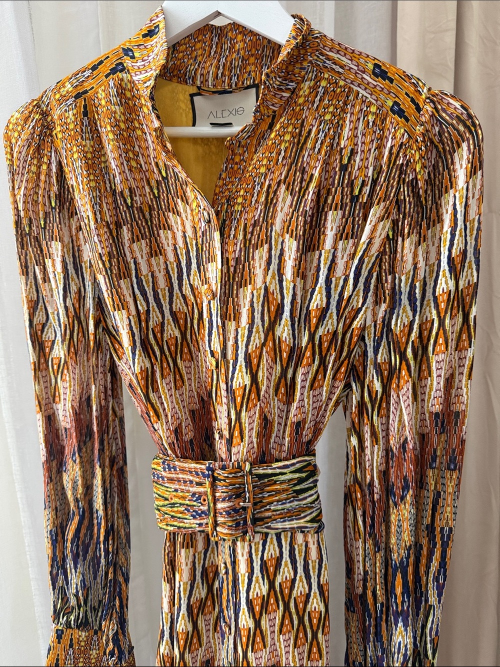 Alexis Multicolor Ikat-Print Long Sleeve Dress in Mustard and Brown - Picture 3 of 9